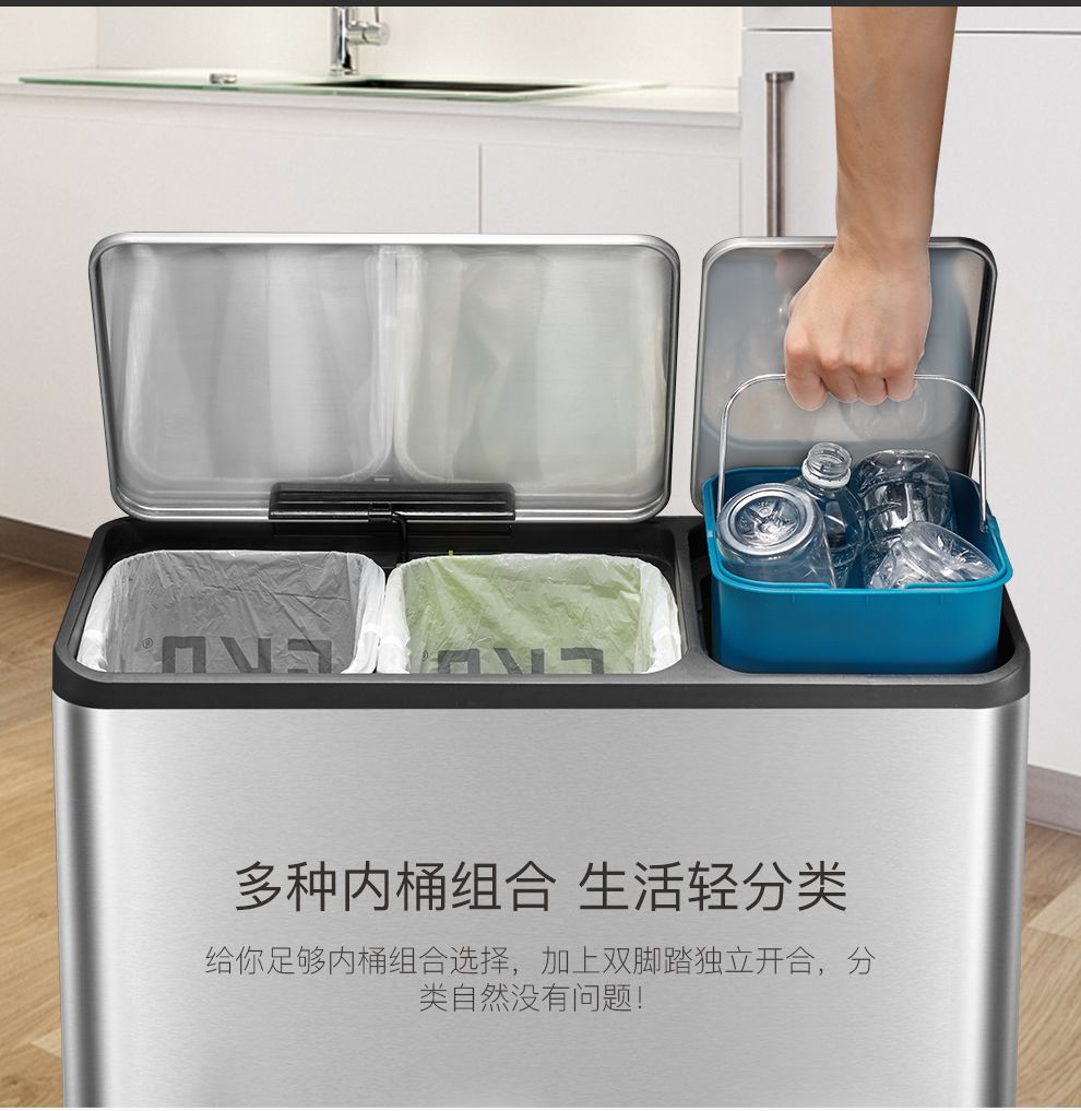 EKO分类垃圾脚踩开盖垃圾桶厨房客厅家用干湿分类垃圾桶 12L+12L详情图5