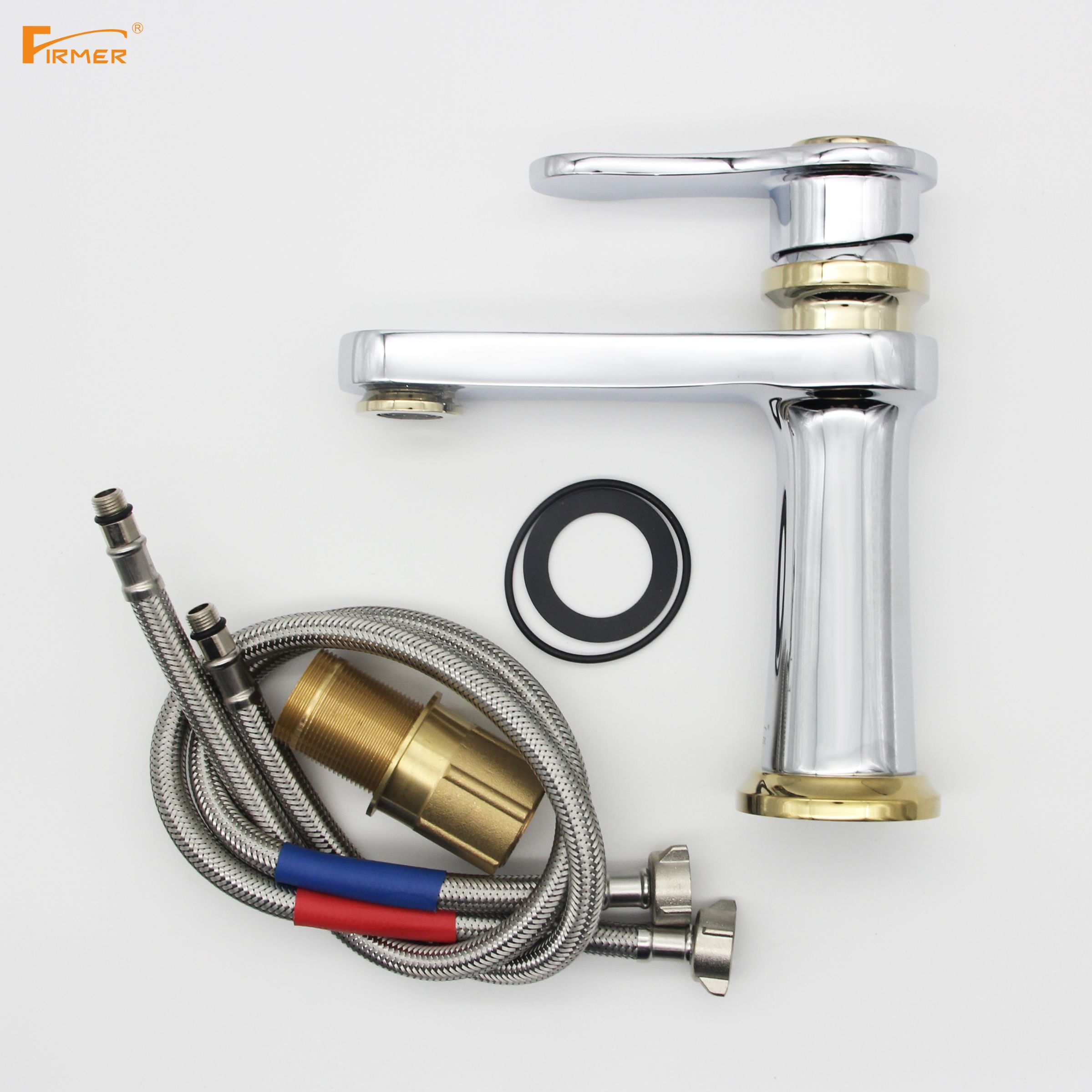 FIRMER golden washbasin faucet, fine copper, household cold and hot water washbasin, bathroom countertop, single hole details Picture