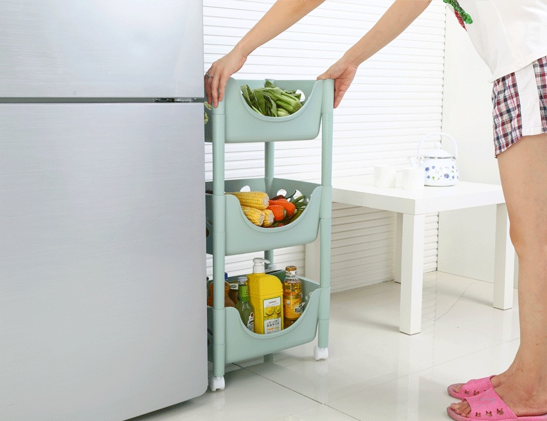 Plastic multi-layer storage rack, kitchen storage rack for miscellaneous items, wheeled storage basket Application Scenario