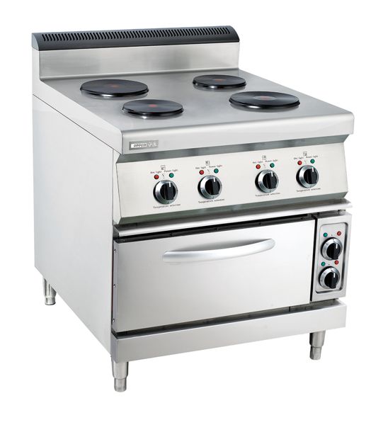 Four-head electric cooking stove with oven (round) for cooking soup in large hotel kitchen saucepan