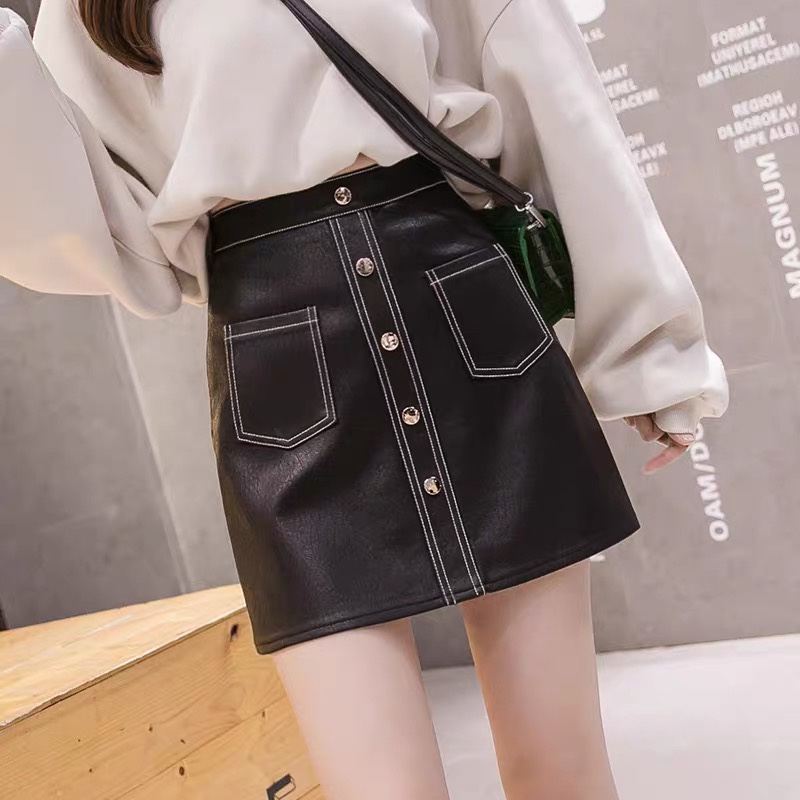 The new high-waisted single-breasted leather skirt for autumn and winter makes you look slimmer details Picture