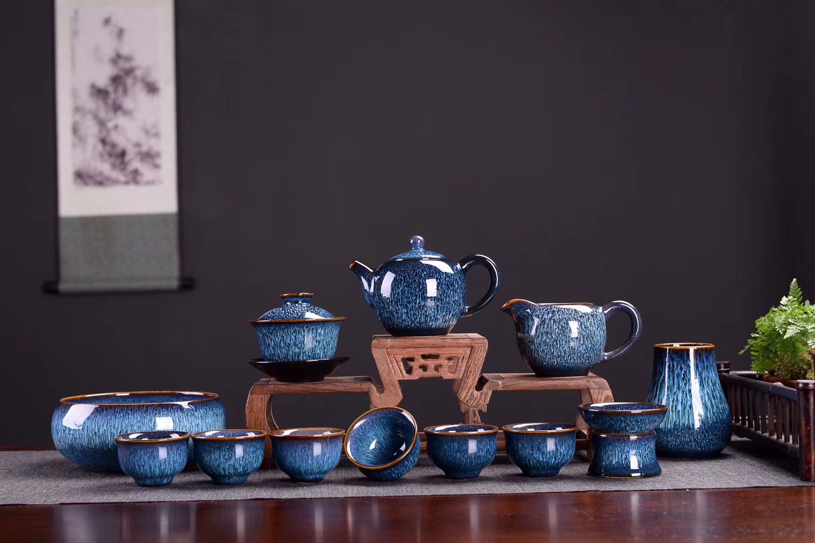 琨琨陶瓷新款 钧窑拉丝星空渐变陶瓷茶具 建盏盖碗茶壶15头大套 116