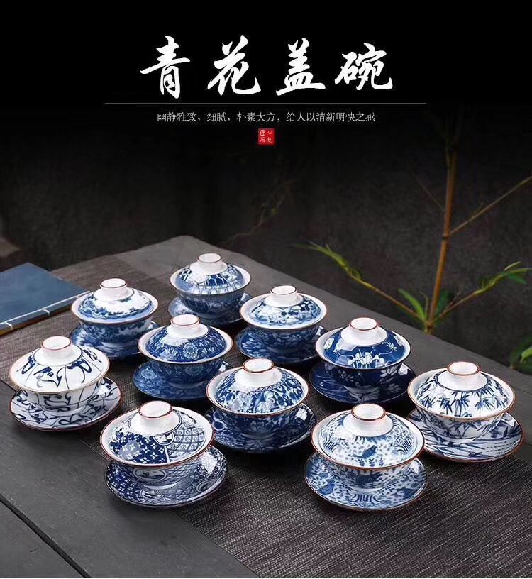 Kunkun Ceramic Large Blue and White Covered Bowl, Retro blue and white covered bowl, Ceramic three-sided tea bowl, thickened tea set, heat-resistant tea brewing vessel 015 pic 1