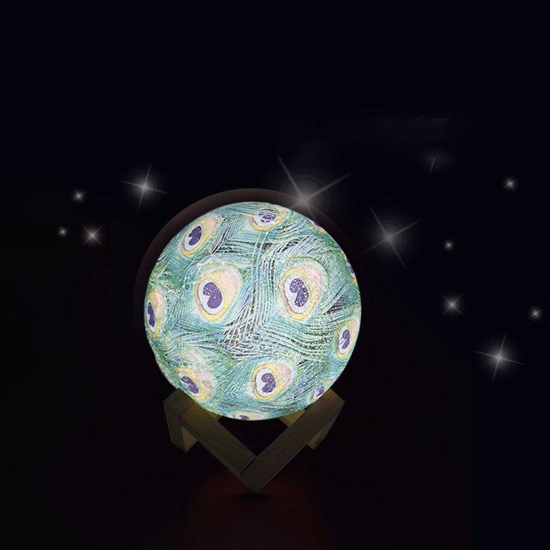 3D月球灯跨境创意夜灯浪漫梦幻少女ins睡眠卧室床头孔雀羽毛台灯