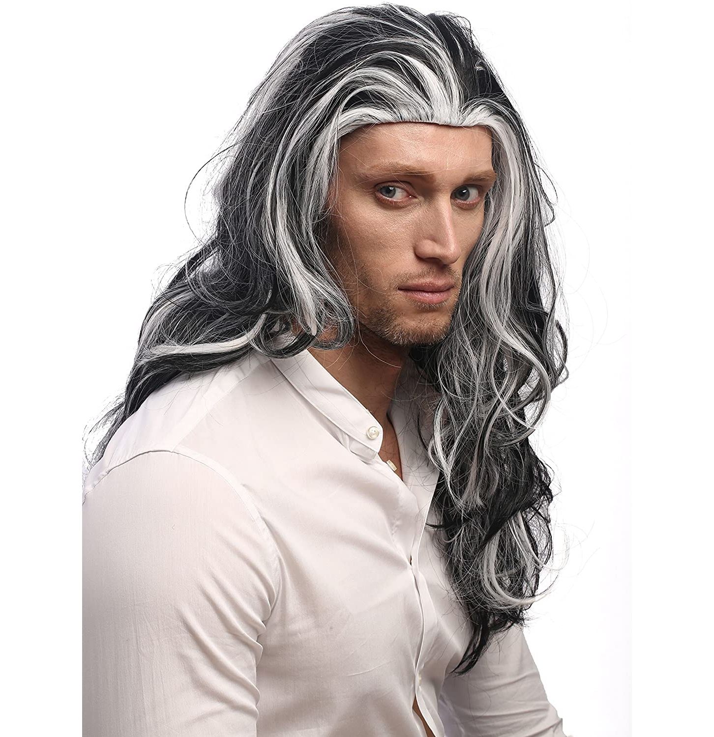 Black and white long wavy wig without bangs