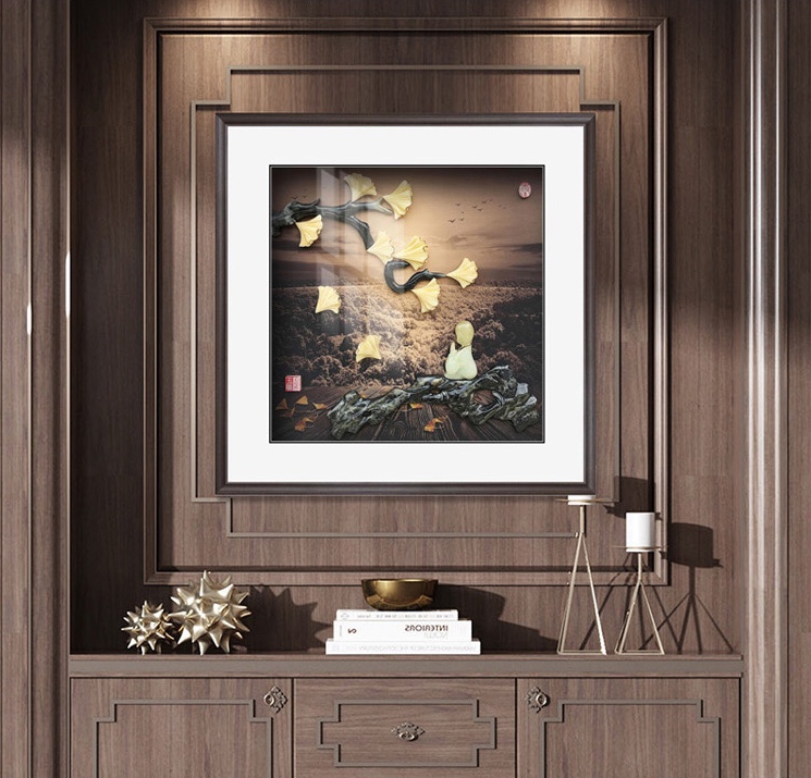 本来·画 新中式手工玉雕装饰画黄色枫叶工艺画