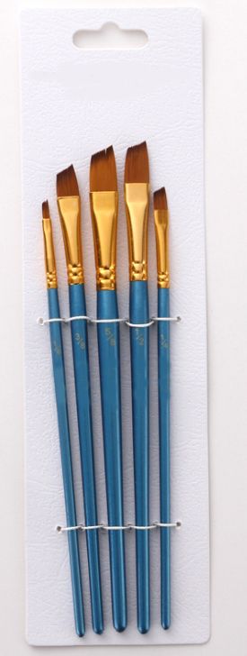 Five pearlescent blue nylon bristle watercolor brushes at an Angle
