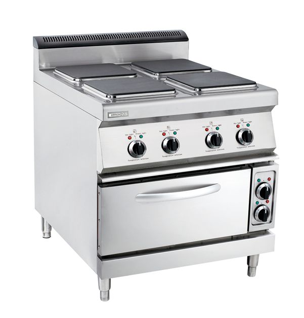 A large hotel kitchen saucepan with a quadrate electric cooking stove and an electric oven