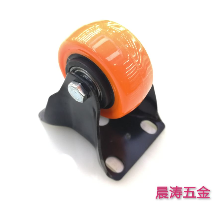 4-inch medium-sized orange-faced, black-core, black-frame flat-bottom fixed casters details Picture