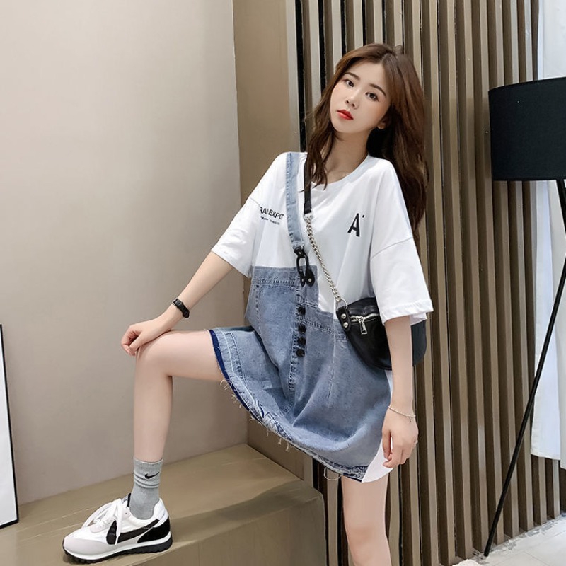 连衣裙假两件设计感小众仙女超仙森系胖mm大码T恤短裙子2020年夏