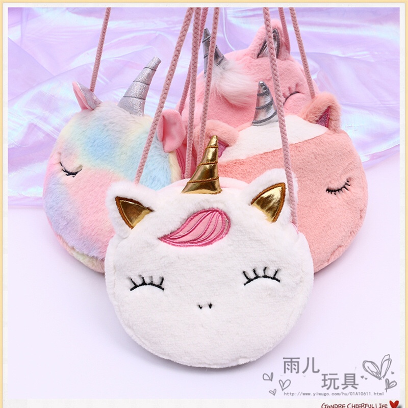 Stuffed toy bag stuffed unicorn shoulder bag Furry unicorn crossbody bag Children's slanted backpack cartoon embroidered girl bag