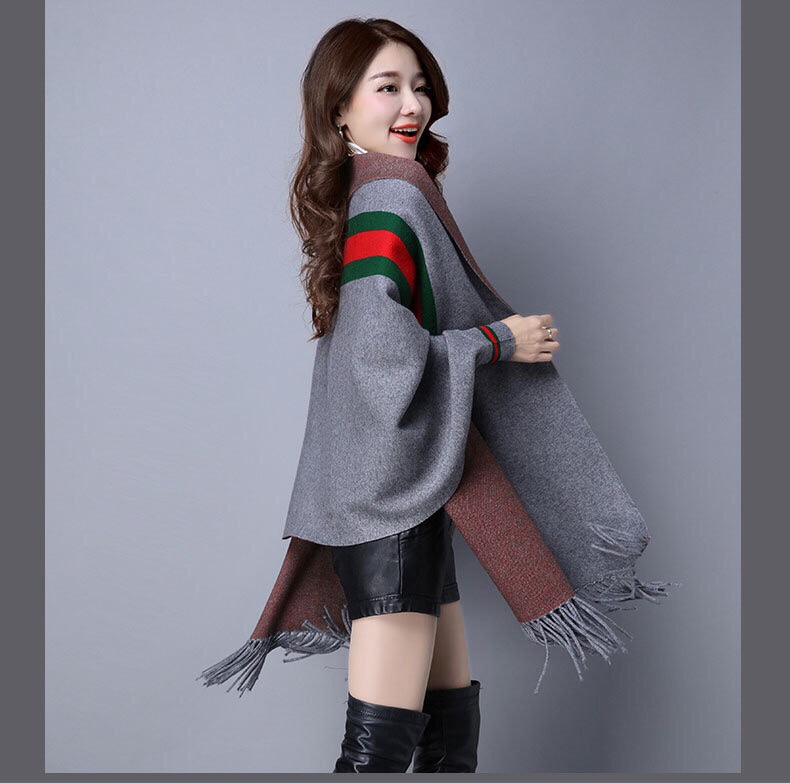 New Autumn And Winter Stripes With Sleeves Wool Tassel Shawl Scarf Dual-Use Cardigan Cape Coat With Cape undefined