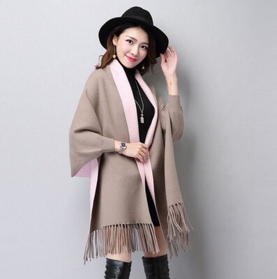 Double-Sided Wool Tassel Knitted Shawl With Sleeves Women's Spring And Winter Thickened Scarf Dual-Purpose Cloak Coat undefined