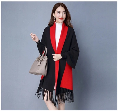 Double-Sided Wool Tassel Knitted Shawl With Sleeves Women's Spring And Winter Thickened Scarf Dual-Purpose Cloak Coat