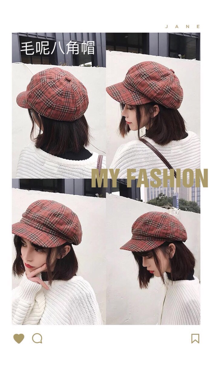 Tang Coffee Hat Industry Show Face Small Hundred Beret Female Autumn And Winter Thick Woolen Casual Plaid Korean Version Of Soft British Wind Octagon Hat details Picture