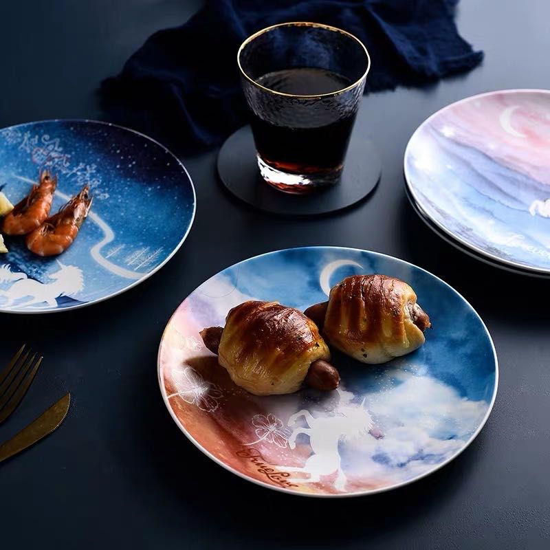 8寸北欧风格星空独角兽西餐盘早餐盘牛排盘甜点盘陶瓷盘详情图3