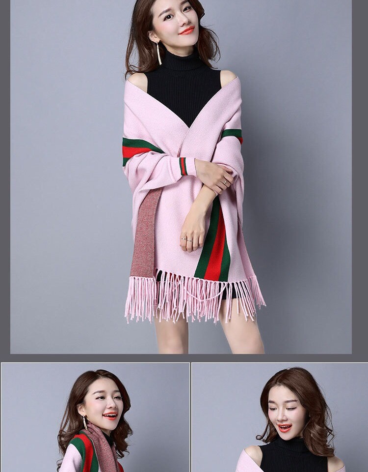 New Autumn And Winter Stripes With Sleeves Wool Tassel Shawl Scarf Dual-Use Cardigan Cape Coat With Cape Specification drawing