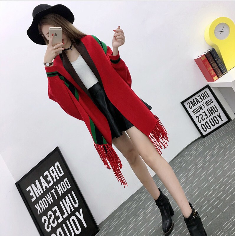 New Autumn And Winter Stripes With Sleeves Wool Tassel Shawl Scarf Dual-Use Cardigan Cape Coat With Cape undefined