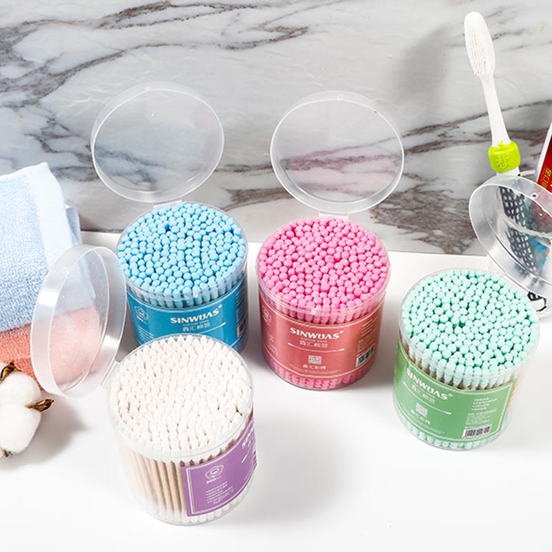 200支圆盒一次性棉花棒双头螺旋棉签掏耳朵彩色棉花棒盒装一次性棉签化妆清洁竹棒棉签图