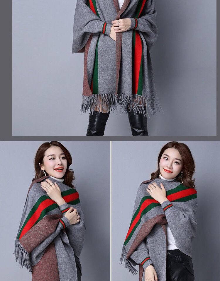New Autumn And Winter Stripes With Sleeves Wool Tassel Shawl Scarf Dual-Use Cardigan Cape Coat With Cape Application Scenario