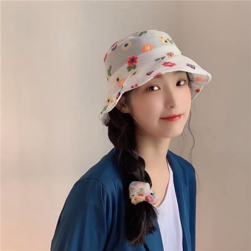 唐咖帽业 日系小花刺绣渔夫帽子女网红夏天防晒出游韩版ins蕾丝透明遮阳盆帽产品图