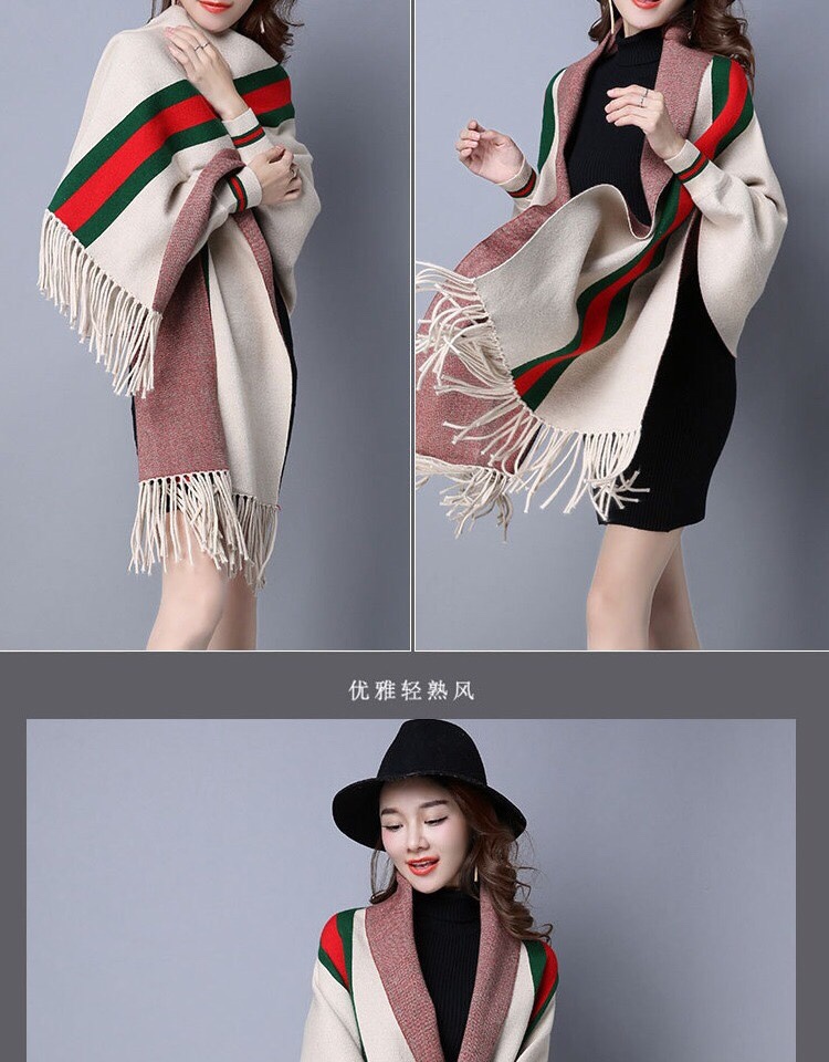 New Autumn And Winter Stripes With Sleeves Wool Tassel Shawl Scarf Dual-Use Cardigan Cape Coat With Cape details Picture