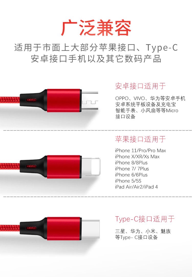 ZUZG质几 一拖三充电线苹果安卓Type-c多功能三合一车载 直销包邮ZUZG质几详情图9