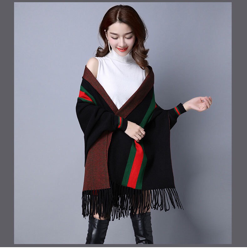 New Autumn And Winter Stripes With Sleeves Wool Tassel Shawl Scarf Dual-Use Cardigan Cape Coat With Cape undefined
