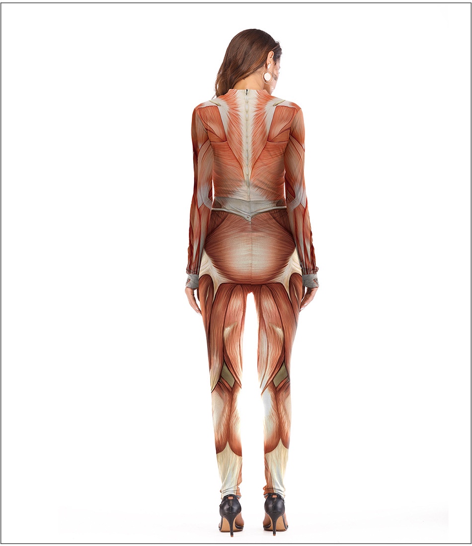 新款舞台表演服装搞怪服饰逼真人体结构组织印花连体裤细节图