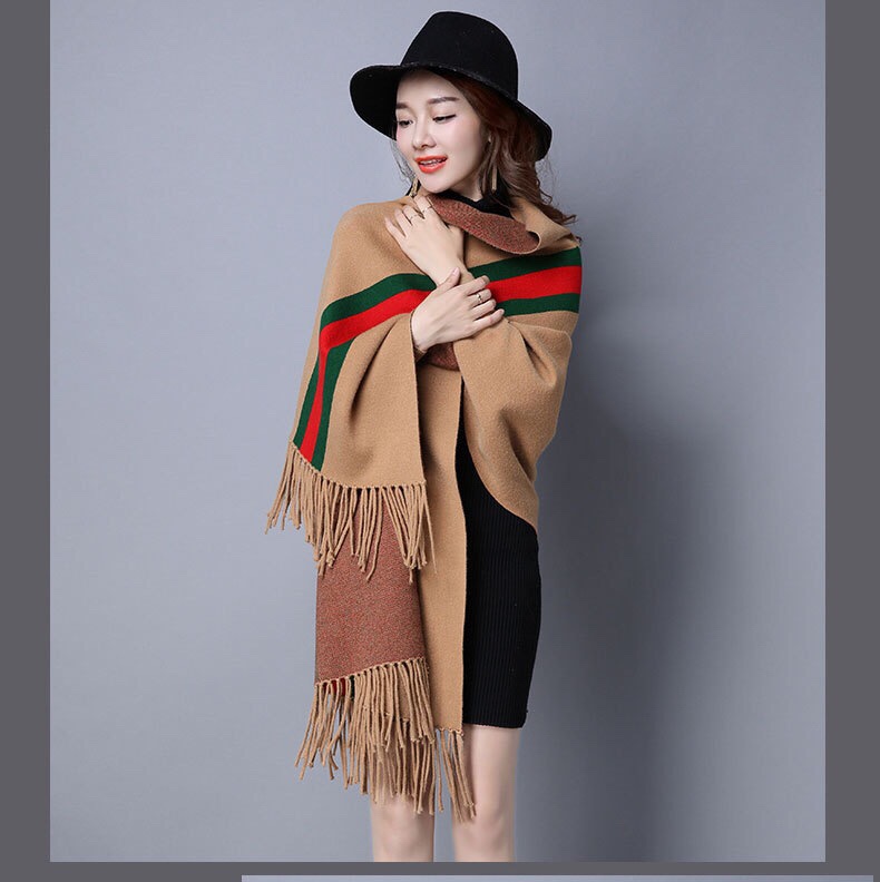 New Autumn And Winter Stripes With Sleeves Wool Tassel Shawl Scarf Dual-Use Cardigan Cape Coat With Cape undefined