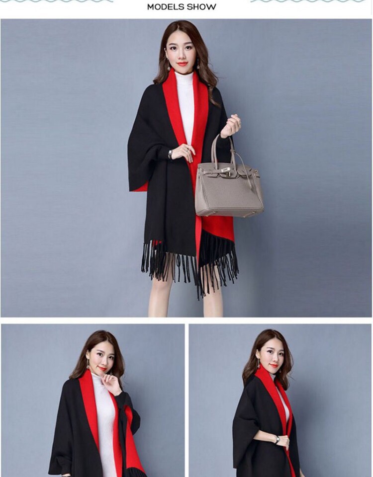 Double-Sided Wool Tassel Knitted Shawl With Sleeves Women's Spring And Winter Thickened Scarf Dual-Purpose Cloak Coat Item Picture
