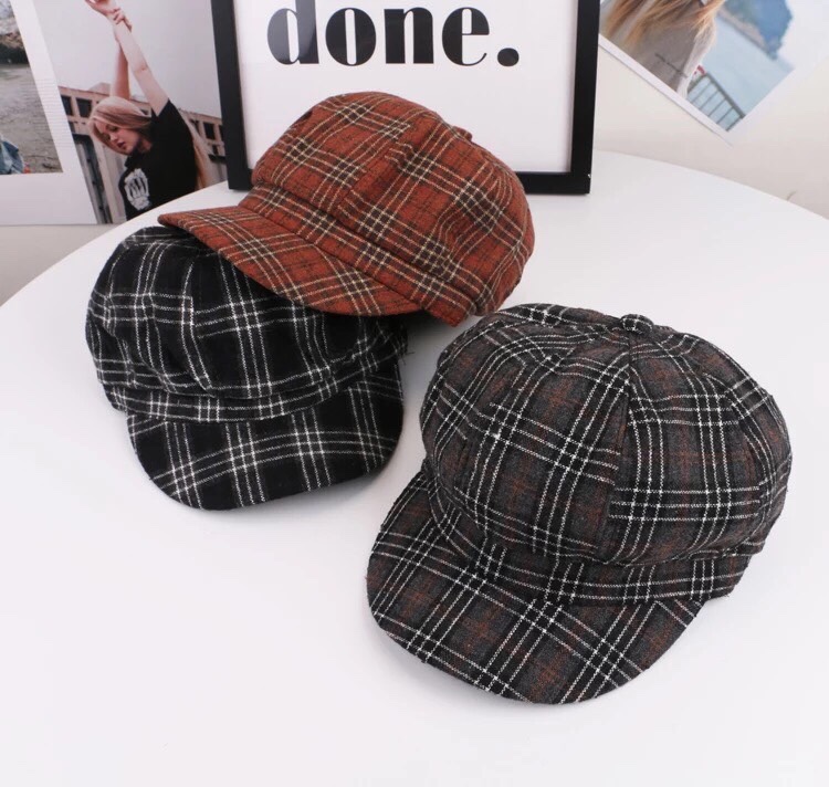 Tang Coffee Hat Industry Show Face Small Hundred Beret Female Autumn And Winter Thick Woolen Casual Plaid Korean Version Of Soft British Wind Octagon Hat