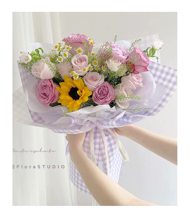 新品夏日格纹系列鲜花花束包装纸防水加厚花艺花店包装材料白底实物图