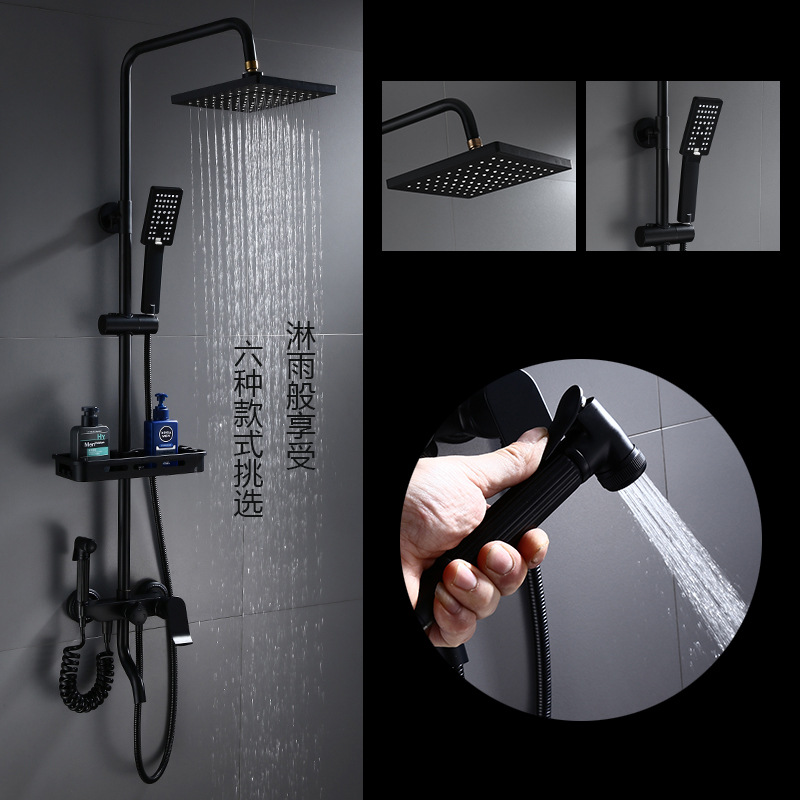 浴室卫生间全铜黑色淋浴花洒套装家用增压淋雨喷头多功能简易花洒图