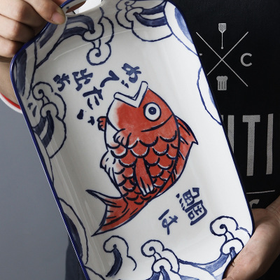 Japanese and Korean internet-famous ceramic tableware, 11.8-inch rectangular double-ear plate for sea bream, creative hand-painted underglaze color household fish and vegetable plate details Picture