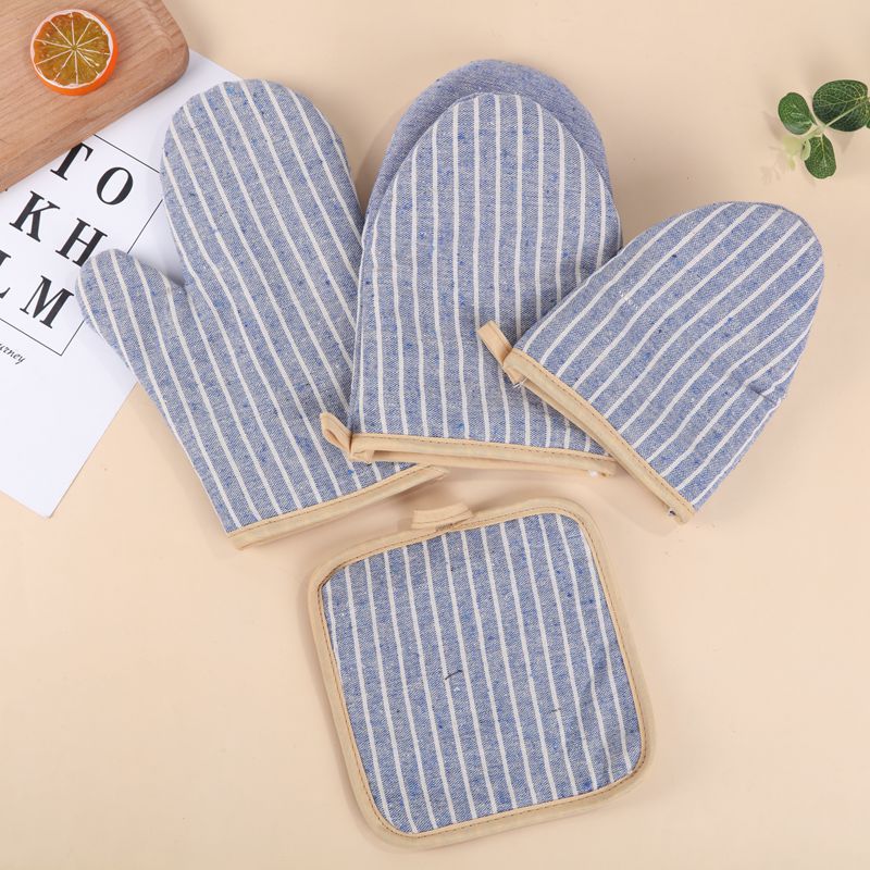 Cotton And Hemp Stripe Series Microwave Gloves Mat Duck Beak Gloves Set details Picture