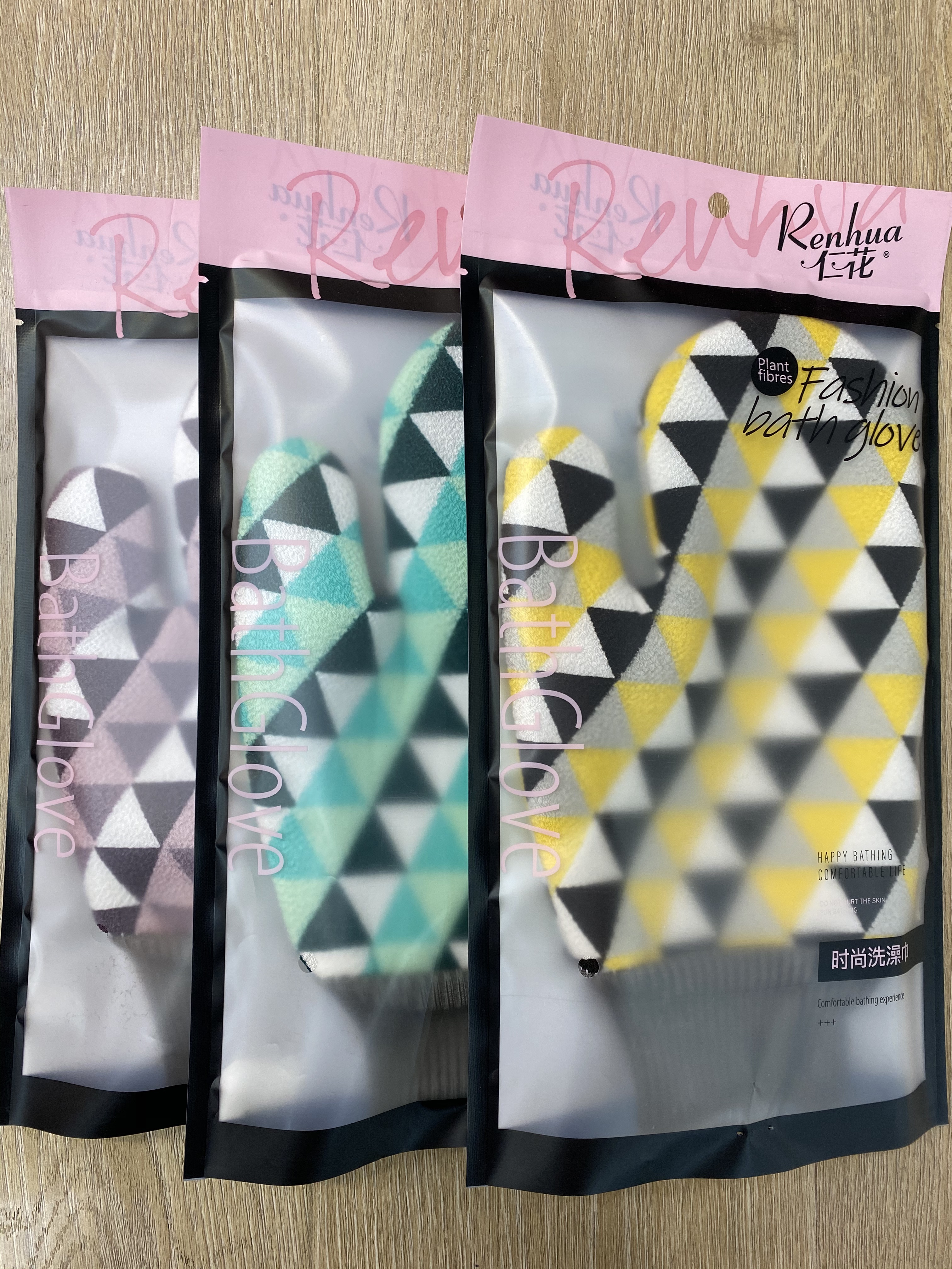 Jen flower bath towel bath gloves color triangle thumb bath gloves details Picture