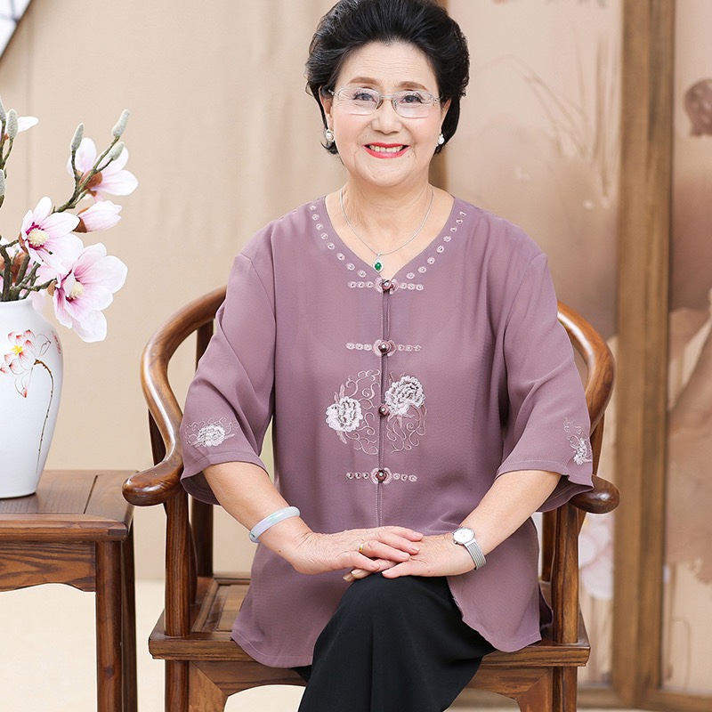 Lady's cotton silk summer dress for old lady two-piece suit with pocket thumbnail