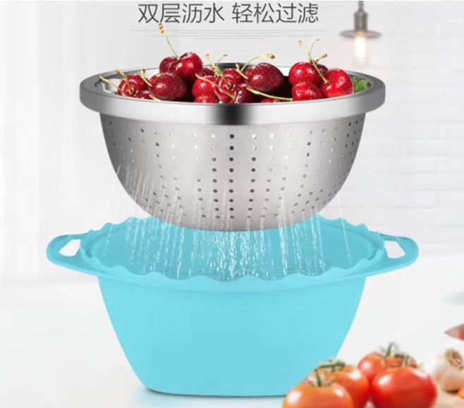 双层洗菜盆淘米篮双耳沥水篮多用盆不锈钢盆塑料盆产品图