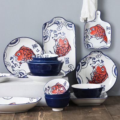 Japanese and Korean internet-famous ceramic tableware, 11.8-inch rectangular double-ear plate for sea bream, creative hand-painted underglaze color household fish and vegetable plate Item Picture