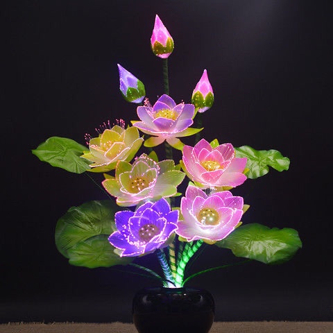 Nine fiber optic LED lotus lamps, plug-in household lotus lamps, are offered before the Buddha