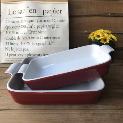 Wholesale 12-inch rectangular red ceramic baking tray, chicken wing, cheese baked rice bowl, rice ball arrangement, Western pasta plate