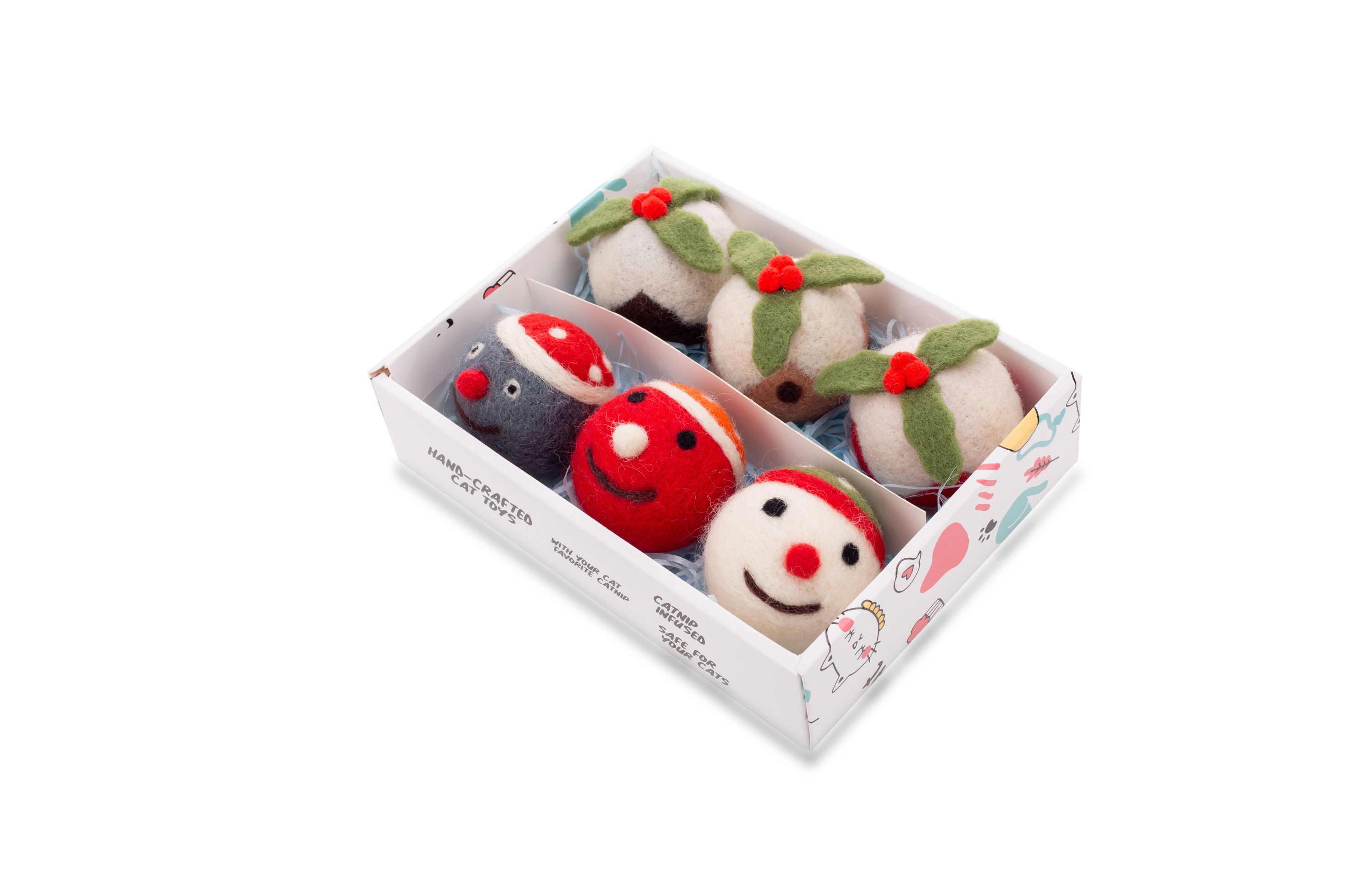 This cat is made of pure handcrafted wool and comes with a catnip ball set