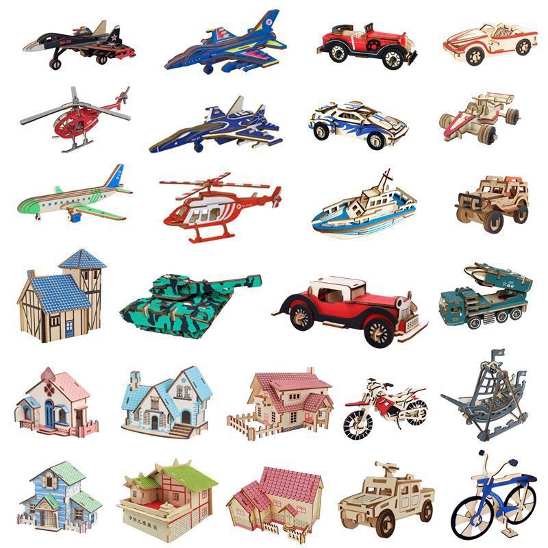 手工拼装飞机汽车小房子木质模型儿童立体拼图积木拼插益智玩具图