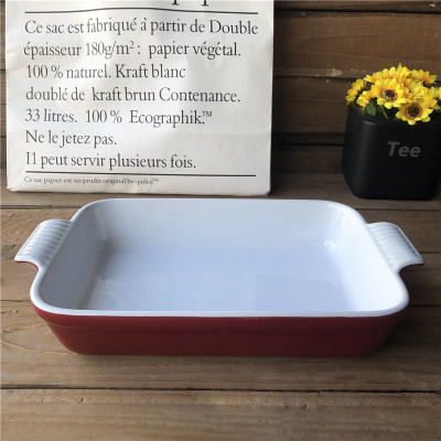 Wholesale 12-inch rectangular red ceramic baking tray, chicken wing, cheese baked rice bowl, rice ball arrangement, Western pasta plate Specification image