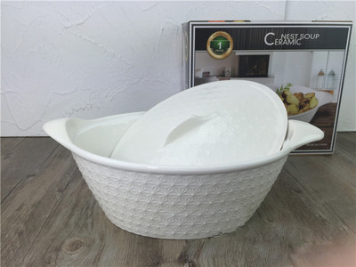 Wholesale creative covered oval double-ear relief soup bowls, household and hotel bowls, stewing cups, microwave high-temperature resistant tableware