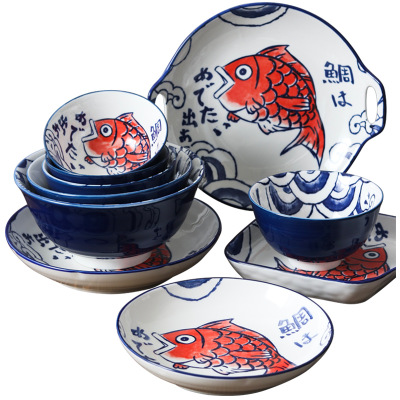 Japanese and Korean internet-famous ceramic tableware, 11.8-inch rectangular double-ear plate for sea bream, creative hand-painted underglaze color household fish and vegetable plate undefined