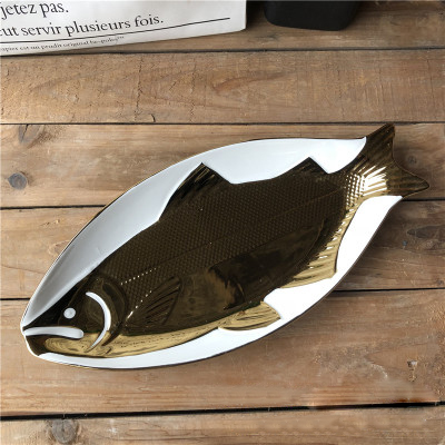 批发镀银陶瓷鱼盘特色鱼形深盘家居客厅餐厅包厢摆设摆盘餐具