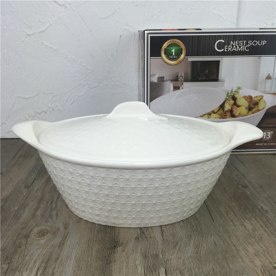 Wholesale creative covered oval double-ear relief soup bowls, household and hotel bowls, stewing cups, microwave high-temperature resistant tableware Application Scenario