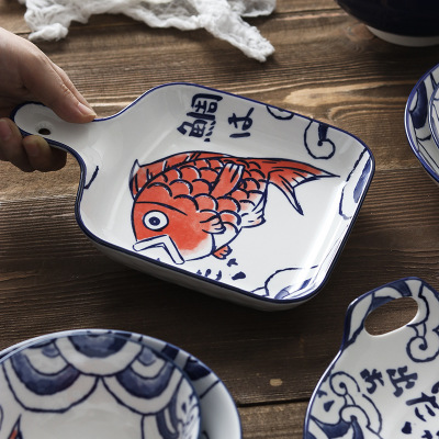 Japanese and Korean internet-famous ceramic tableware, 11.8-inch rectangular double-ear plate for sea bream, creative hand-painted underglaze color household fish and vegetable plate Application Scenario